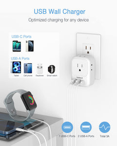 USB Charger Block, TESSAN Wall Plug Adapter with Electrical 4 Box Splitter 3 USB Wall Charger Ports, Multi Plug Outlet Extender Charging for Cruise, Travel, Office, Dorm Essentials