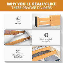 Load image into Gallery viewer, 4 Pack Drawer Dividers Bamboo 2.6&quot; High, 16-22&quot; Adjustable Drawer Organizers for Clothes, Expandable Dresser Separators in Bedroom/Bathroom/Kitchen/Office Organization and Storage (Natural)