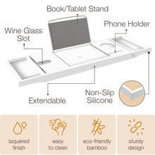 Load image into Gallery viewer, Bathtub Tray Caddy - Premium Bamboo Expandable Bath Tub Tray Table, Luxurious Wooden Bath Caddy for Books, Tablets, Wine, Bathroom Accessories, Spa Essentials, Housewarming, Wedding