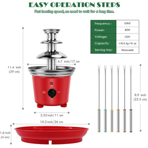 MINI Chocolate Fondue Fountain, 32-Ounce Stainless Steel Electirc Chocolate Fondue Set, 3-Tier Chocolate Melting Foundue Set with 6 Stainless Steel Forks for Chocolate, Butter, Candy (Black)