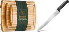 Load image into Gallery viewer, 3-Piece Bamboo Cutting Board Set with Bread Knife - Wood Chopping Boards for Kitchen, Meal Prep, and Baking