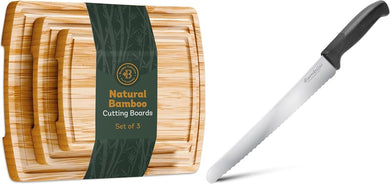 3-Piece Bamboo Cutting Board Set with Bread Knife - Wood Chopping Boards for Kitchen, Meal Prep, and Baking