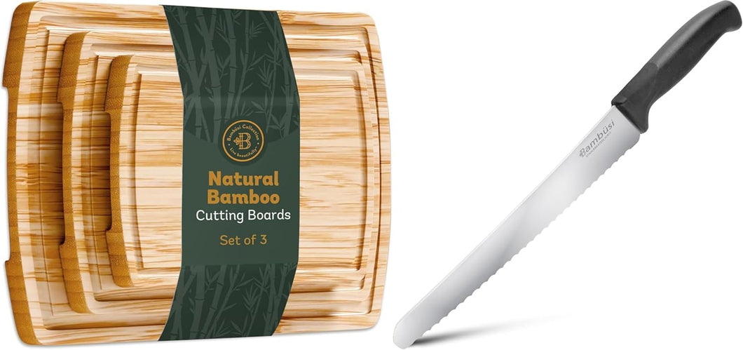3-Piece Bamboo Cutting Board Set with Bread Knife - Wood Chopping Boards for Kitchen, Meal Prep, and Baking