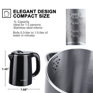Secura Stainless Steel Double Wall Electric Kettle Water Heater for Tea Coffee w/Auto Shut-Off and Boil-Dry Protection, 1.0L (Orange) SWK-1001DO/HB-K012