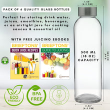 Load image into Gallery viewer, Brieftons Glass Water Bottles With Caps: Clear, 6 Pack, 18 Oz, Leakproof Lids, Premium Soda Lime, Best As Reusable Drinking Bottle, Sauce Jar, Juice Beverage Container, Kefir Kit, With Cleaning Brush