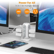 Load image into Gallery viewer, Tower Power Strip Flat Plug with 11 Outlets 3 USB (1 USB C), TESSAN Surge Protector Tower 1625W/13A,1050J Protection, 6 Feet Extension Cord with Multiple Outlets, Office Desk Supplies, Dorm Essentials