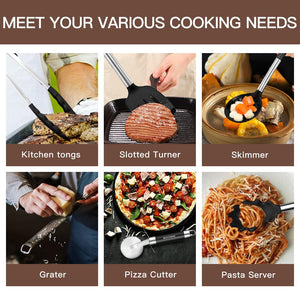 Kitchen Utensils Set-Silicone Cooking Utensils-33pcs Non-Stick Silicone Cooking Kitchen Utensils Spatula Set with Holder-Best Kitchen Cookware with Stainless Steel Handle (Khaki)