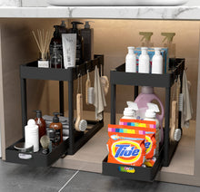 Load image into Gallery viewer, 2PC Under Sink Organizer Rack 2 Tier Under Sliding Cabinet Basket Organizer Drawer with 4 Hooks, Multi-purpose Under Sink Storage for Bathroom Kitchen Desktop（Black）