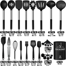 Load image into Gallery viewer, Silicone Kitchen Utensils Set, Umite Chef Large Heat Resistant Cooking Utensil, 26Pcs Silicone Spatulas Set, Stainless Steel Handle, Black Kitchen Gadgets Tools Set for Nonstick Cookware