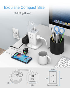 Tower Power Strip with 6 Feet Extension Cord, 8 Outlets 3 USB Chargers, 1700 Joules Surge Protection, Extension Cord with Multiple Outlets, 1875W, Office Supplies, Dorm Essentials, Charging Station