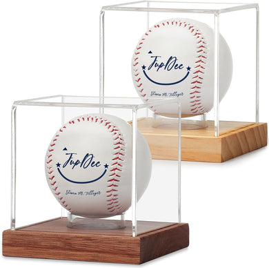 JupDec Baseball Display Case, Clear Cube Baseball Holder with Wooden Base, Autograph Baseball Stand Box for Single Ball, Brown & Yellow