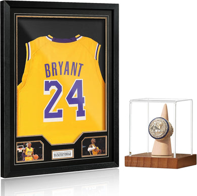 JupDec Jersey Frame & Championship Ring Display Case, Large Clear Acrylic Shadow Box with UV Protection Wooden Showcase, , Idea Gift for Sports Fans