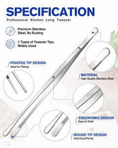 4 Pcs Fine Long Tweezer Tongs Professional Black, 12'' and 10'' Stainless Steel for Kitchen, Food, Cooking, Repairing, Sea food and BBQ
