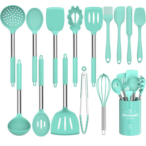 Silicone Cooking Utensil Set, Umite Chef 15pcs Silicone Cooking Kitchen Utensils Set, Non-stick - Best Kitchen Cookware with Stainless Steel Handle - Black