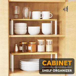 SpaceAid Cabinet Shelf Organizers 2 Pack, Kitchen Counter Rack Shelves Riser, Stackable Expandable Spice Rack, Pantry Cupboard Storage Organization (Black and Natural, Short)