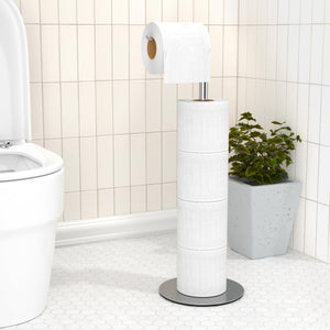 Toilet Paper Holder Stand and Dispenser for 4 Spare Rolls, Stainless Steel Free-Standing Toilet Tissue Paper Roll Storage Shelf