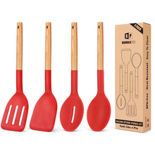 Load image into Gallery viewer, Pack of 4 Silicone Cooking Utensils Set, Non Stick Solid Spatulas and Heat Resistant Slotted Spoons with Wooden Handle, Ideal Wood Kitchen Utensils Set for Frying,Serving,Turning,Stirring (KHAKI)