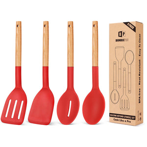 Pack of 4 Silicone Cooking Utensils Set, Non Stick Solid Spatulas and Heat Resistant Slotted Spoons with Wooden Handle, Ideal Wood Kitchen Utensils Set for Frying,Serving,Turning,Stirring (KHAKI)