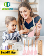Load image into Gallery viewer, Pack of 4 Silicone Cooking Utensils Set, Non Stick Solid Spatulas and Heat Resistant Slotted Spoons with Wooden Handle, Ideal Wood Kitchen Utensils Set for Frying,Serving,Turning,Stirring (KHAKI)