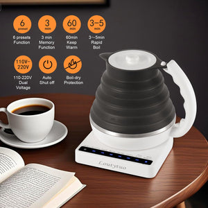 Ultrathin Food Grade Silicone Travel Foldable Electric Kettle Variable Temperature Control with Dual Voltage, Auto Shutoff & Boil Dry Protection & Keep Warm, 555ML 110-220V US Plug (Black)