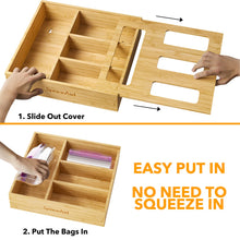 Load image into Gallery viewer, SpaceAid Bag Storage Organizer for Kitchen Drawer, Bamboo Organizer, Compatible with Gallon, Quart, Sandwich and Snack Variety Size Bag (1 Box 4 Slots)