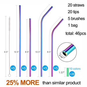 20 Pack Reusable Stainless Steel Metal Straws,10.5" & 8.5" Reusable Drinking Straws with 20 Silicone Tips 5 Straw Brushes 1 Travel Case,Eco Friendly Extra Long Metal Straw Fit for 20 24 30 oz Tumbler