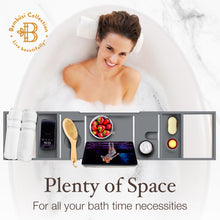 Load image into Gallery viewer, Bathtub Tray Caddy - Premium Bamboo Expandable Bath Tub Tray Table, Luxurious Wooden Bath Caddy for Books, Tablets, Wine, Bathroom Accessories, Spa Essentials, Housewarming, Wedding