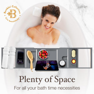 Bathtub Tray Caddy - Premium Bamboo Expandable Bath Tub Tray Table, Luxurious Wooden Bath Caddy for Books, Tablets, Wine, Bathroom Accessories, Spa Essentials, Housewarming, Wedding