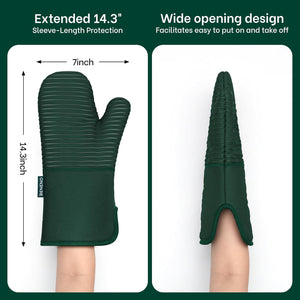 Beneno Non-Slip Silicone Textured Cotton Oven Mitts, Heat Resistant up to 500° F, Flexible Grip with 14.3"x7" Longer Protection, Durable 100% Cotton Oven Mitts for Kitchen & Barbecue, 2-Pack, Green