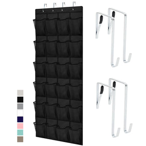 Over the Door Shoe Organizer, 24 Large Breathable Mesh Pockets, Space Saving Hanging Storage Holder, Closet Rack Hanger Holds Up to 40 lbs, Hangs on Closets for Shoes, Accessories, Black