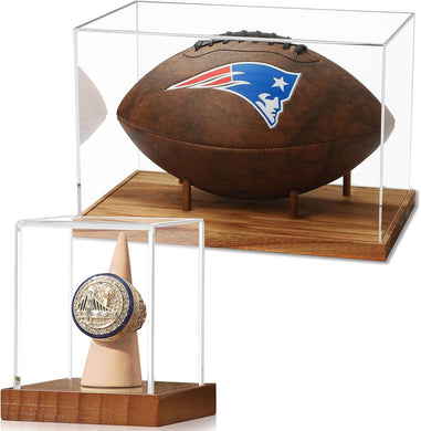 JupDec Football & Championship Ring Display Case, Large Clear Acrylic Shadow Box with UV Protection Wooden Showcase, Idea Gift for Sports Fans