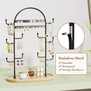 Jewelry Organizers Storage 12.9'' Earring Ring Bracelet Holder Display Stand Necklace Tree With Wooden Tray Black
