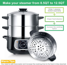 Load image into Gallery viewer, Secura 2 Stainless Steel Food Steamer 8.5 Qt Electric Glass Lid Vegetable Steamer Double Tiered Stackable Baskets with Timer