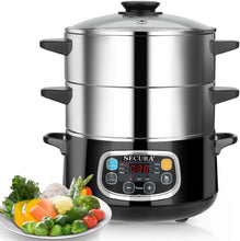 Load image into Gallery viewer, Secura Electric Food Steamer, Vegetable Double Tiered Stackable Baskets with Timer 1200W Fast Heating Stainless Steel Digital Steamer 8.5 Quart