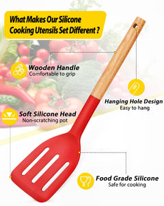 Pack of 4 Silicone Cooking Utensils Set, Non Stick Solid Spatulas and Heat Resistant Slotted Spoons with Wooden Handle, Ideal Wood Kitchen Utensils Set for Frying,Serving,Turning,Stirring (KHAKI)
