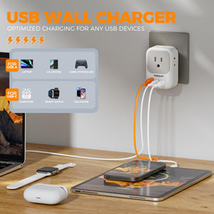 USB Wall Charger, Wall Plug Adapter Outlet Extender, TESSAN 3 Charger Block (1 USB C Port), Multi Charging Station for Cruise, Bathroom, Office, Dorm Essentials