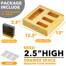 Load image into Gallery viewer, SpaceAid Bag Storage Organizer for Kitchen Drawer, Bamboo Organizer, Compatible with Gallon, Quart, Sandwich and Snack Variety Size Bag (1 Box 4 Slots)