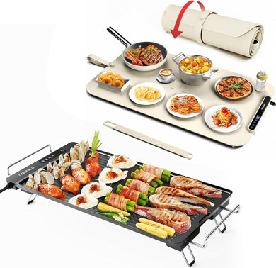 Silicone Electric Warming Tray with 7 Temp-Settings and Electric Griddle with Removable Touch Panel, 1300W Fast Heating in 10S