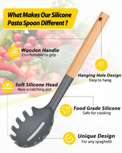 Load image into Gallery viewer, Pack of 2 Spaghetti Spoon, Silicone Pasta Fork with Wooden Handle, Heat Resistant Noodle Spoon Server, BPA Free Spaghetti Strainer(BLACK-RED)