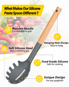 Pack of 2 Spaghetti Spoon, Silicone Pasta Fork with Wooden Handle, Heat Resistant Noodle Spoon Server, BPA Free Spaghetti Strainer(BLACK-RED)