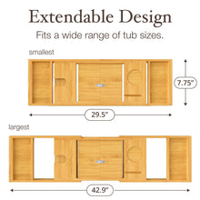Load image into Gallery viewer, Bathtub Tray Caddy - Premium Bamboo Expandable Bath Tub Tray Table, Luxurious Wooden Bath Caddy for Books, Tablets, Wine, Bathroom Accessories, Spa Essentials, Housewarming, Wedding