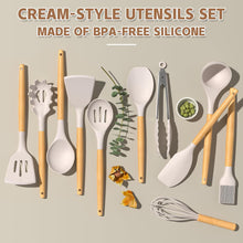 Load image into Gallery viewer, Umite Chef Kitchen Cooking Utensils Set, 33 pcs Non-Stick Silicone Cooking Kitchen Utensils Spatula Set with Holder, Wooden Handle Silicone Kitchen Gadgets Utensil Set (Khaki)