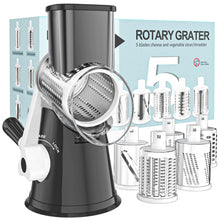 Load image into Gallery viewer, Rotary Cheese Grater Hand Crank Cheese Shredder for Fresh Cheese, Vegetable, Nuts,Non-slip Suction Base, Free Cleaning Brush Three Blades, Black