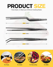 Load image into Gallery viewer, Fine Cooking Tweezers Set, Professional Stainless Steel Food Tongs, Kitchen Black Long Chef Tweezer for Cooking, Plating, Decorating and BBQ (BLACK, 10 inch)
