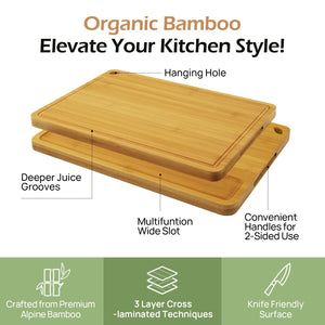 Bamboo Cutting Board, Durable Wood Cutting Boards for Kitchen with Deep Juice Grooves & Built-in Handles, Ideal Charcuterie & Chopping for Meat, Vegetables and Fruits Ideal Kitchen Gifts