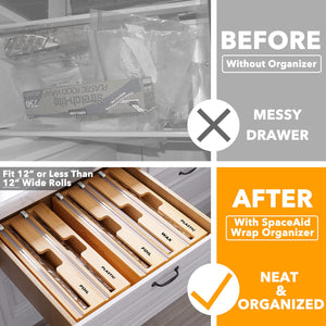 SpaceAid WrapNeat 3 in 1 Wrap Organizer with Cutter and Labels, Plastic Wrap, Aluminum Foil and Wax Bamboo Dispenser for Kitchen Storage Organization Holder for 12" Roll (Natural)