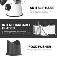 Load image into Gallery viewer, Rotary Cheese Grater Hand Crank Cheese Shredder for Fresh Cheese, Vegetable, Nuts,Non-slip Suction Base, Free Cleaning Brush Three Blades, Black