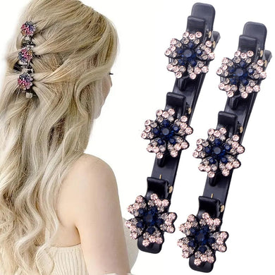 2 Pcs Sparkling Crystal Stone Braided Hair Clips, 2024 New Satin Fabric Hair Bands Rhinestone Four-Leaf Clover Hair Clip,Duck Bill Clips for Women Girls (4 Pcs)