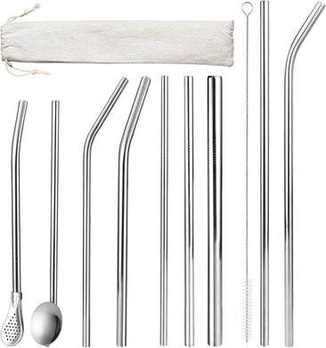 9 Pcs Stainless Steel Straws Metal Drinking Straws Reusable for Tumblers and Travel Mugs, Cleaning Brushes and Cloth Bag Included