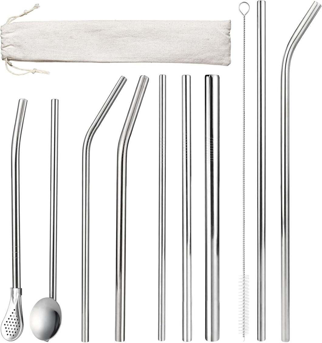 9 Pcs Stainless Steel Straws Metal Drinking Straws Reusable for Tumblers and Travel Mugs, Cleaning Brushes and Cloth Bag Included
